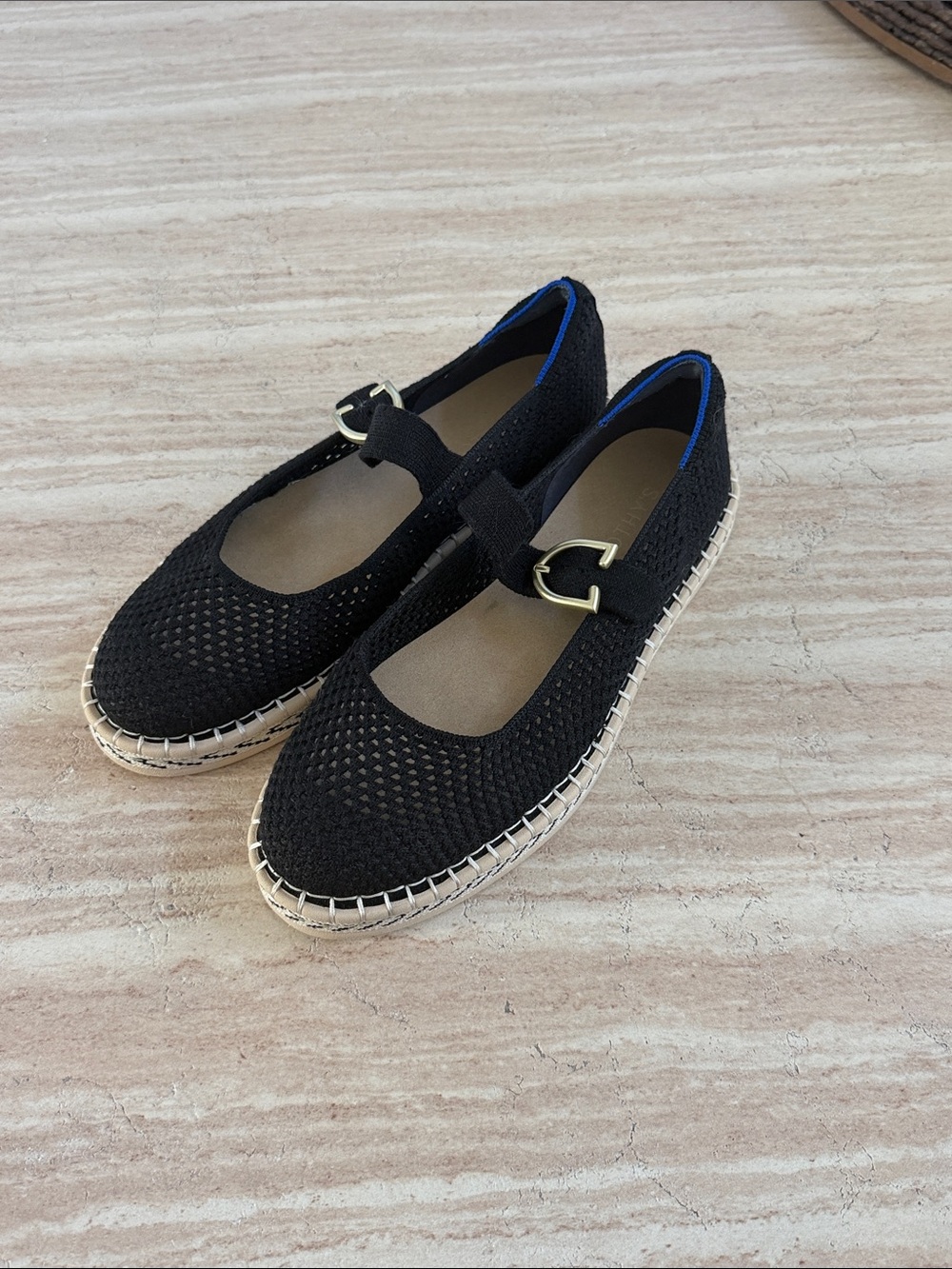 Rothy's Black Knit Mary Jane Espadrille Flats with Gold Buckle